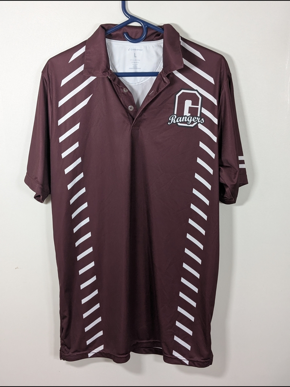 Champro Men's L Maroon White Striped Polo Shirt Short Sleeve Rangers Logo